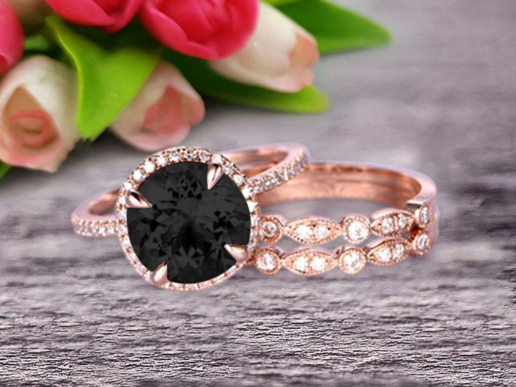 Black Diamond Moissanite Wedding Ring Set Engagement Ring 10k Rose Gold Stacking Matching Band 2.75 Carat Round Cut Gemstone L624701