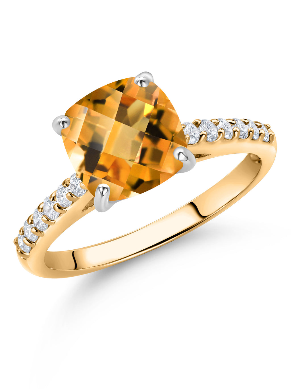 Yellow Gold Cushion Checkerboard Cut Citrine and White Lab Grown Diamond Engagement Ring V452