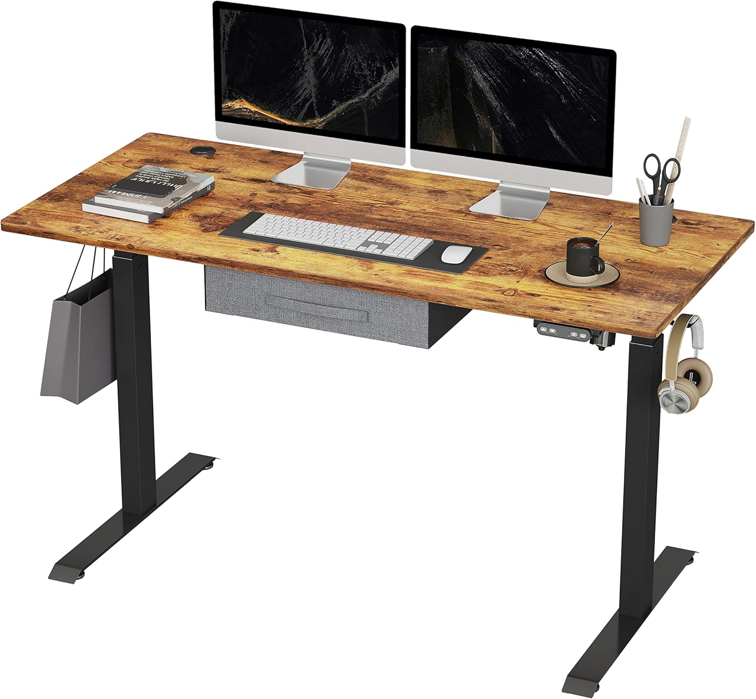 Adjustable Height Electric Standing Desk with Drawers, 48x24 Inches, Black Frame/Black Top X8536