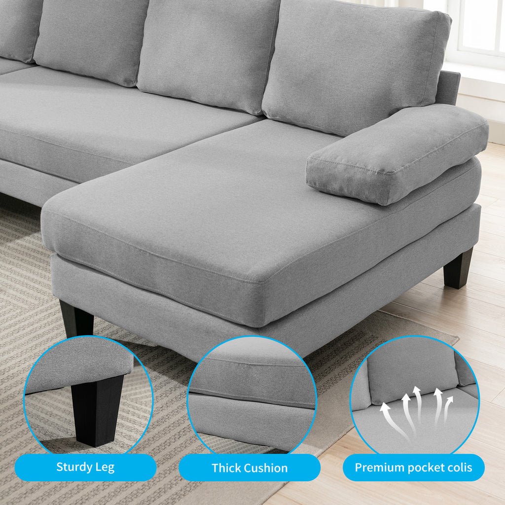 Light Gray 4 Seats Linen Fabric U-Shaped Sectional Sofa with Double Comfy Chaise D587