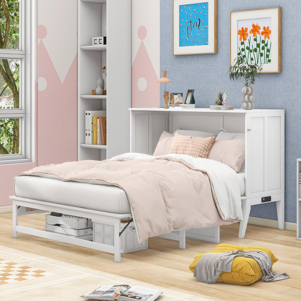 White Queen Murphy Bed Chest with Charging Station J31455
