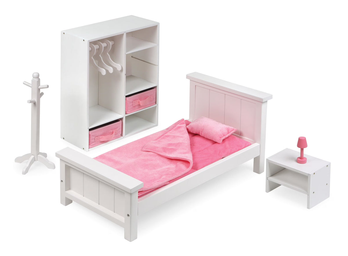 White Doll Bedroom Set with Bed, Armoire, and Nightstand R44884