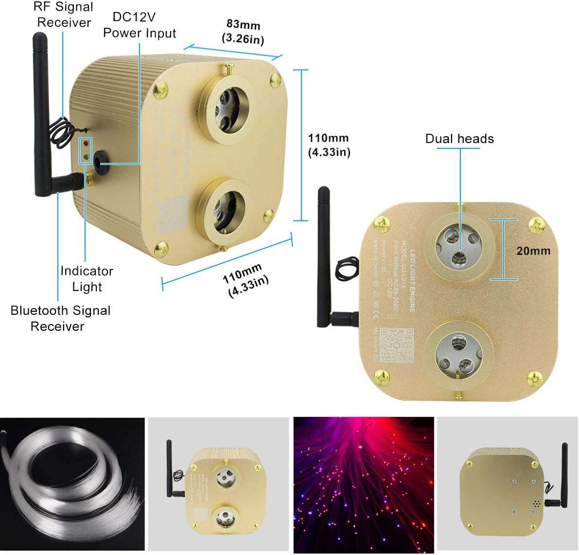 Bluetooth Fiber Optic Ceiling Lighting Kits 1100pcs 13.1ft Dual Port RGBW Sound Remote Control J22707