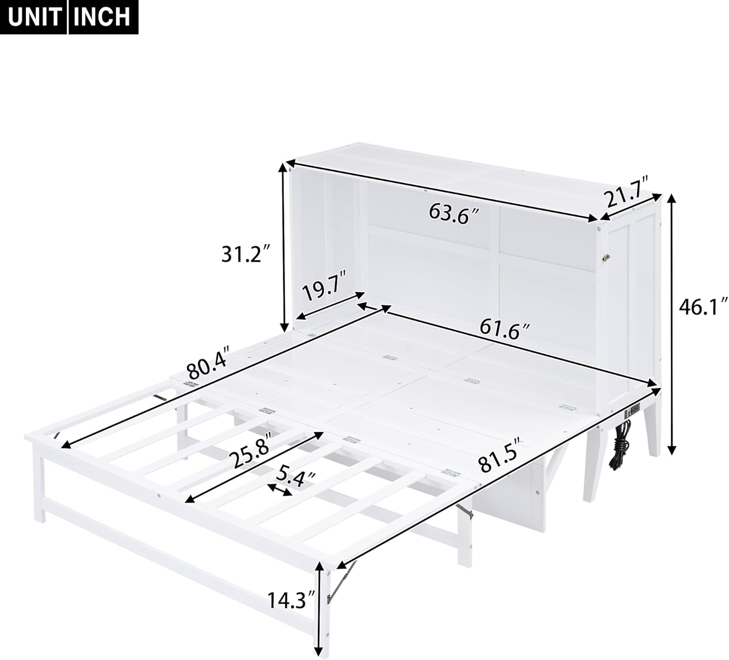 White Queen Murphy Bed Chest with Charging Station J31455