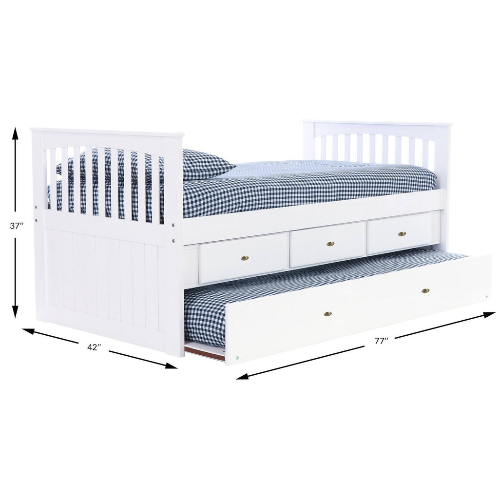 White Twin Rake Bed with Trundle Unit and 3-Drawers O2559