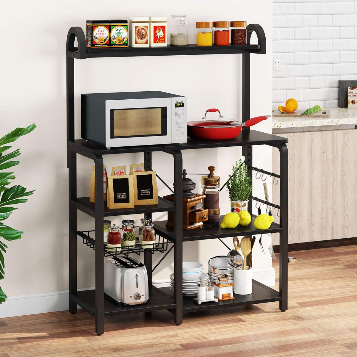 35.5 inches Industrial Kitchen Cart with Wire Basket and 6 Hooks (Black) D69679