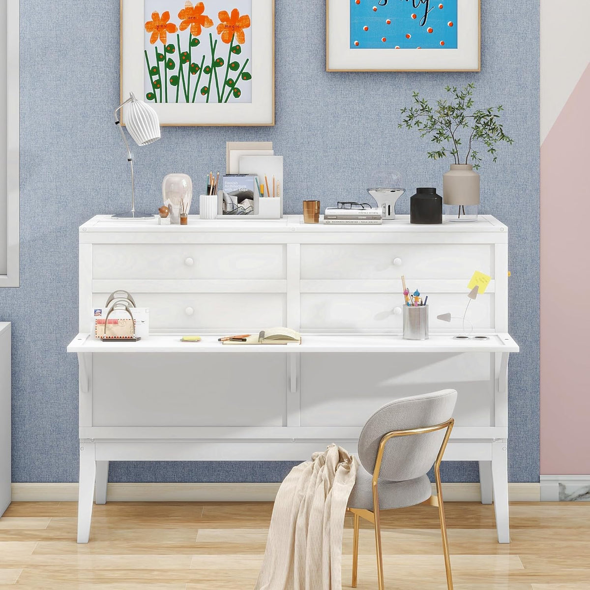 White Queen Murphy Bed Chest with Charging Station J31455
