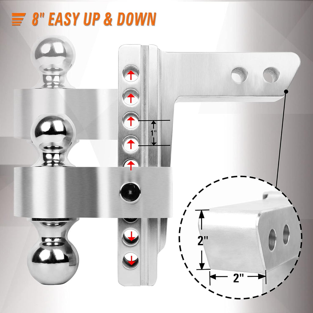 2 Inch Receiver Hitch, 8 Inch Drop/Rise, Dual Towing Balls with Double Pin Key Locks A201