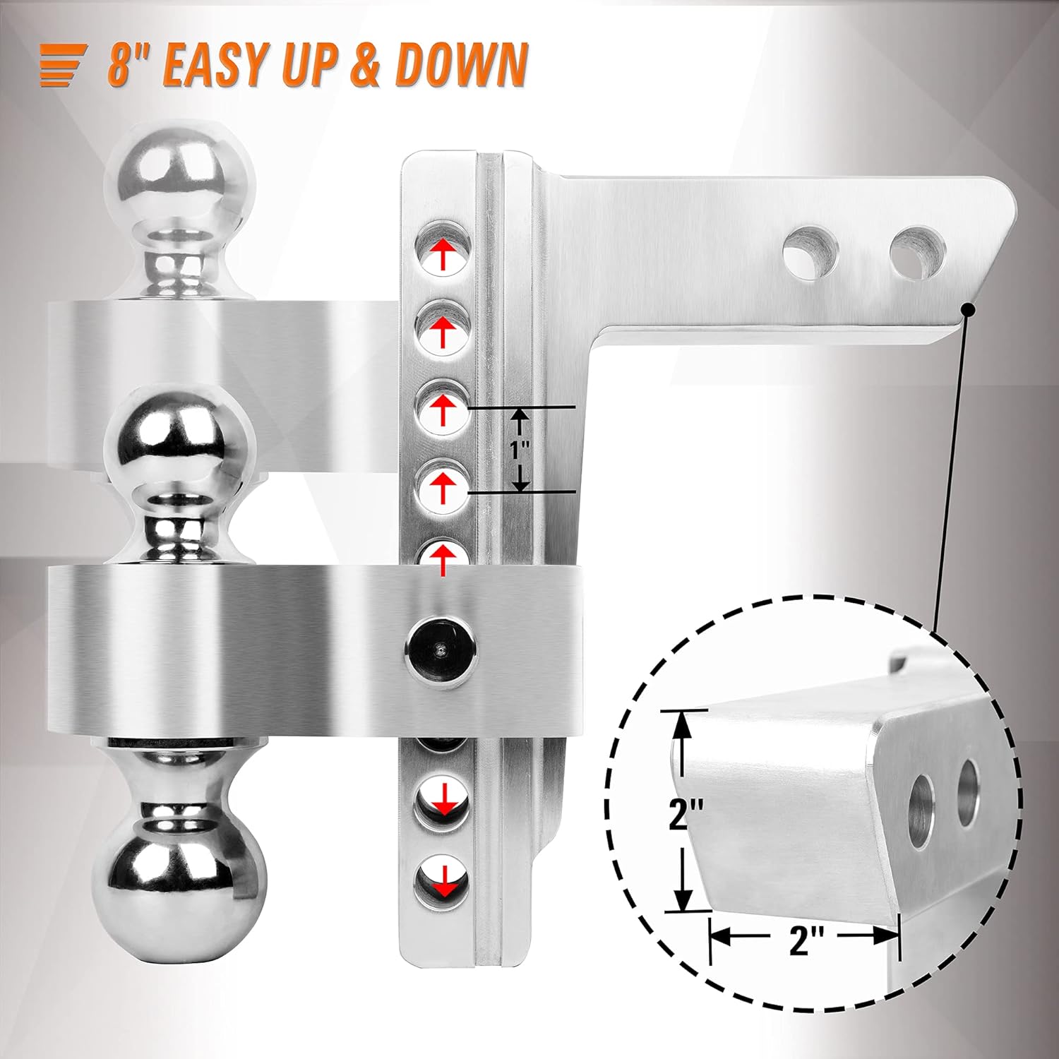 2 Inch Receiver Hitch, 8 Inch Drop/Rise, Dual Towing Balls with Double Pin Key Locks A201