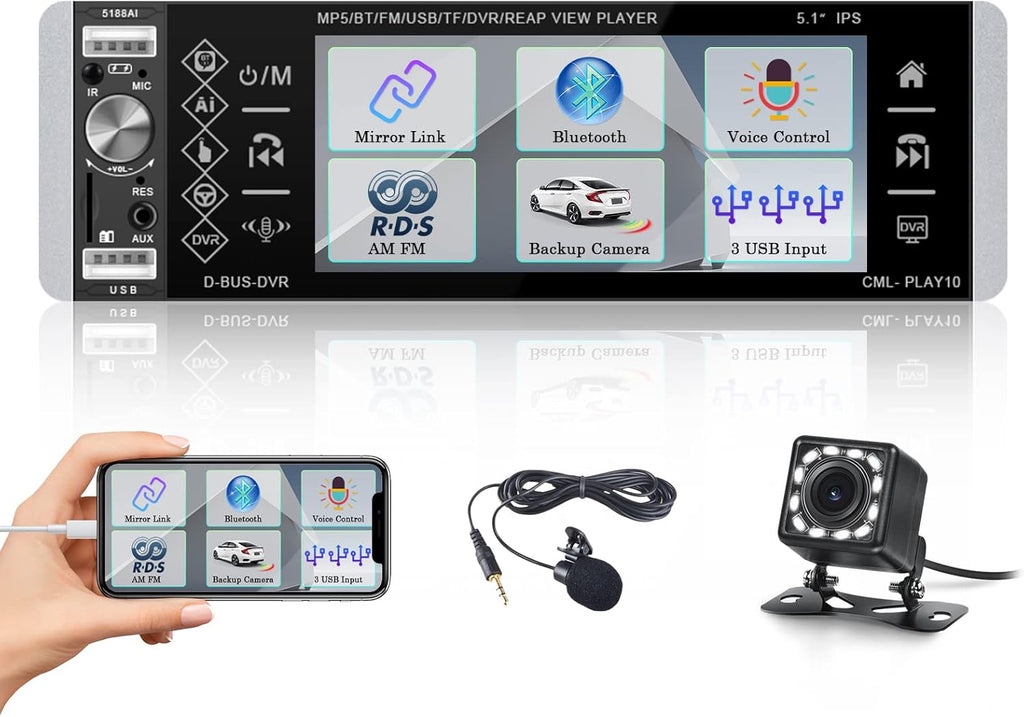 5.1 Inch HD Single Din Touchscreen Car Stereo with Bluetooth Backup Camera O924156
