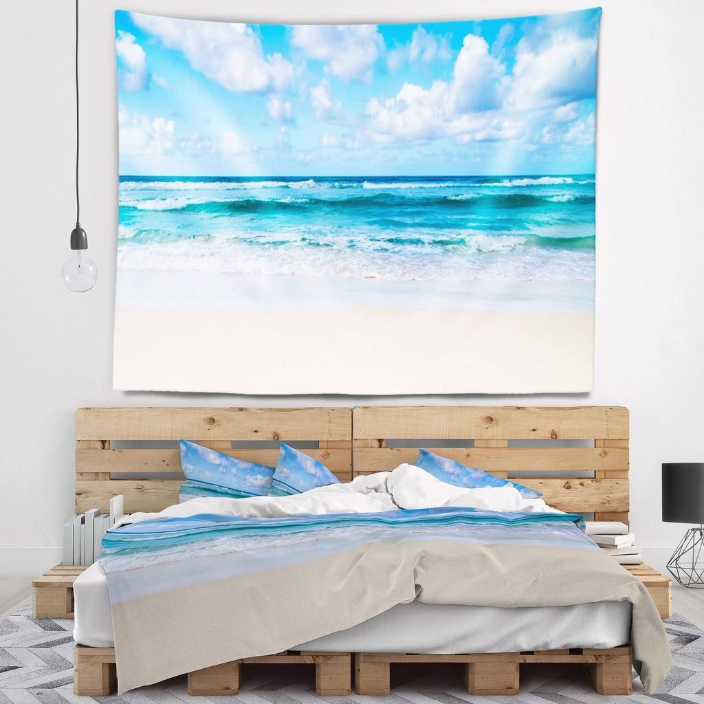 Serene Blue Tropical Beach Seashore Wall Tapestry - 80 in. x 68 in. J507