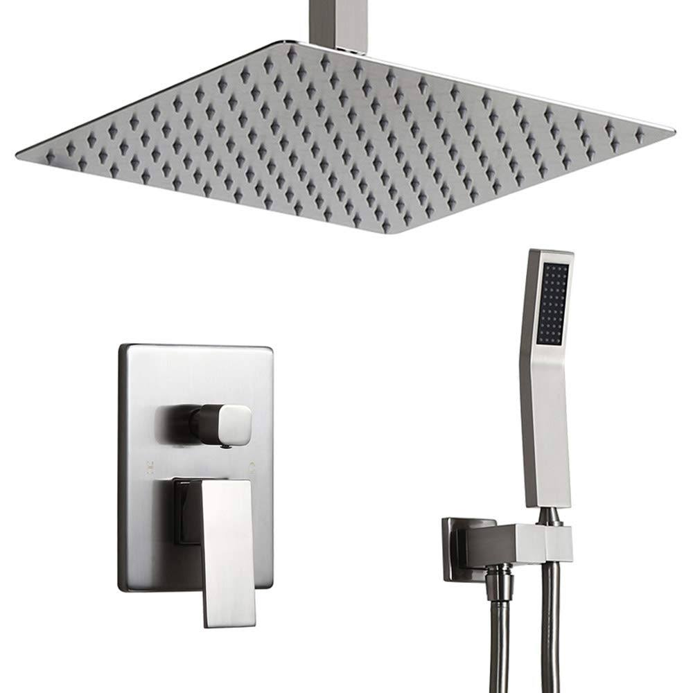 Brushed Nickel Wall Mounted Shower Set with Square Ceiling Mount Rainfall Shower Head L374188