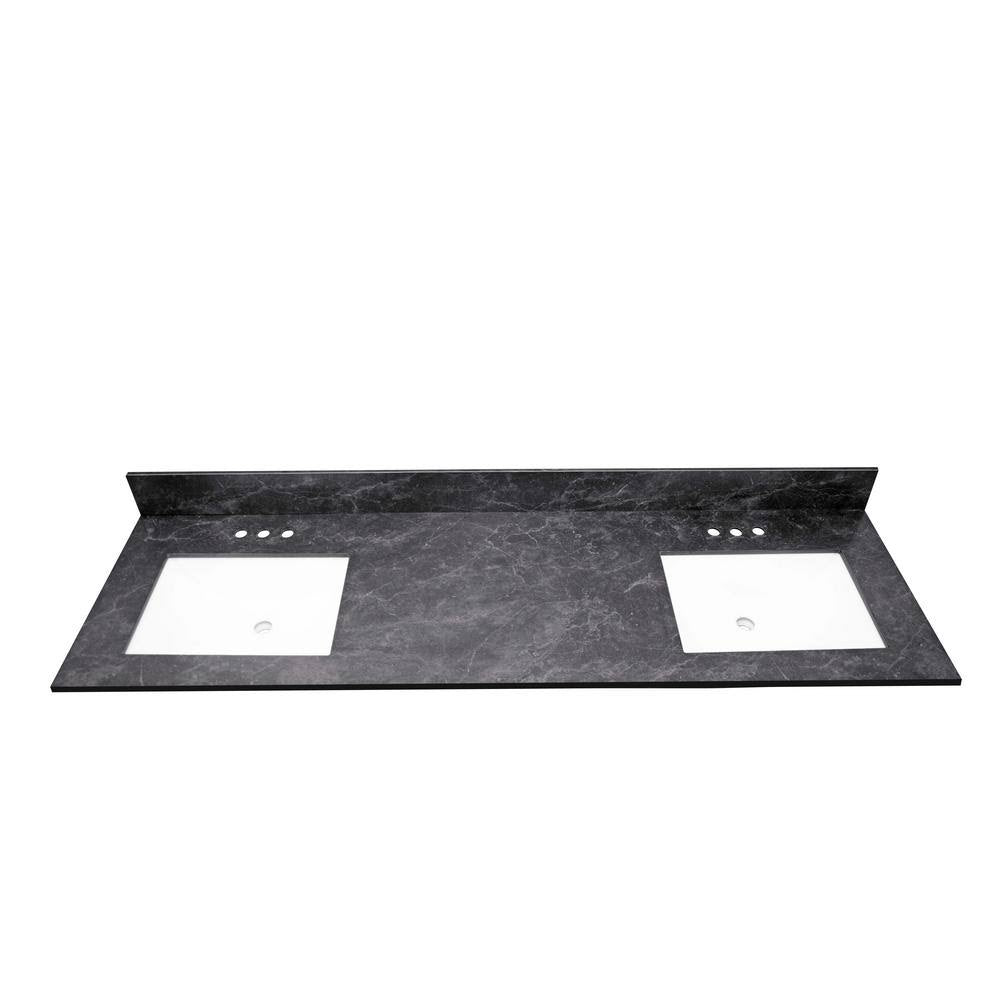 73 in. W x 22 in. Black Vanity Top with Double White Sinks and 4 in. Faucet Spread N3974