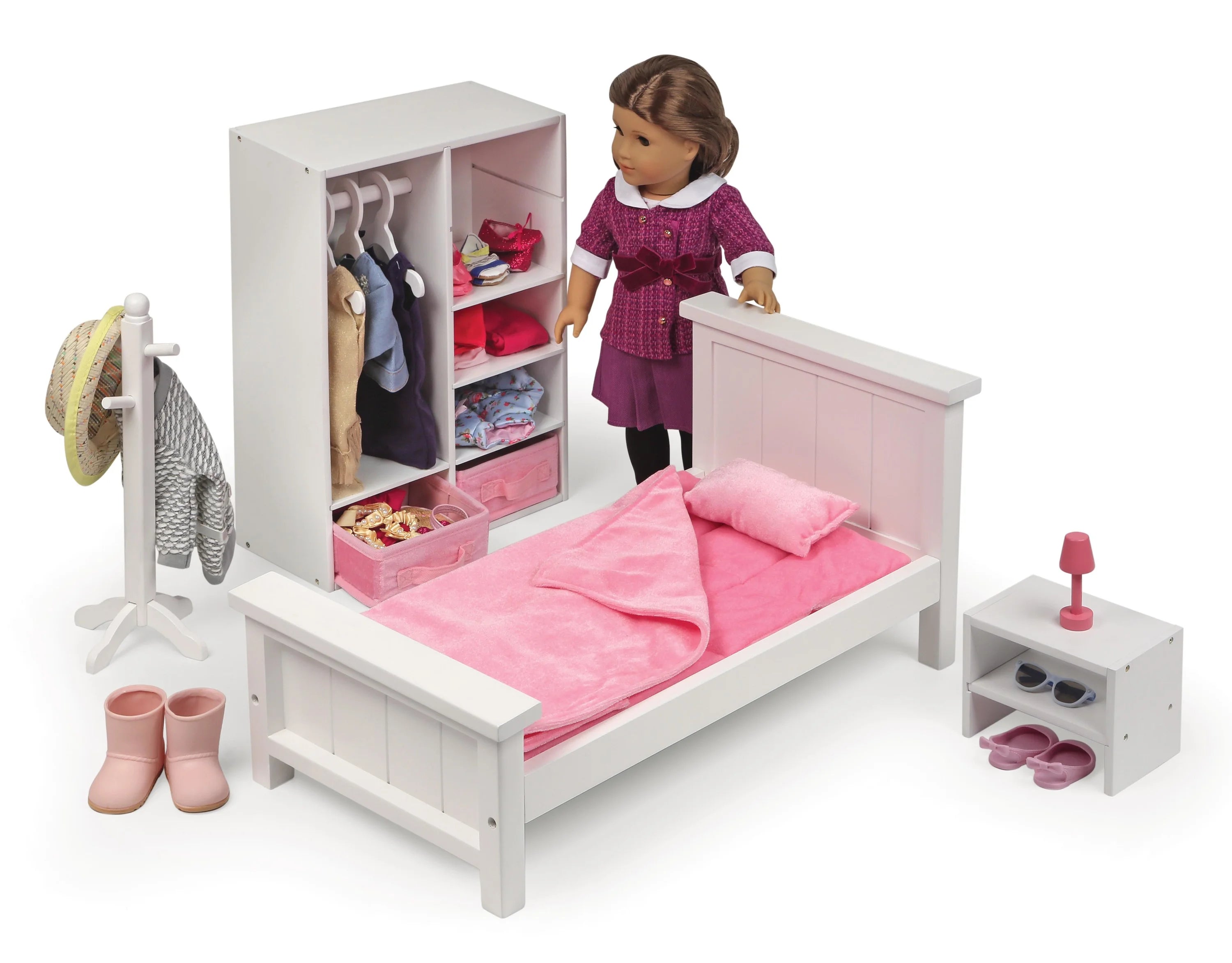 White Doll Bedroom Set with Bed, Armoire, and Nightstand R44884