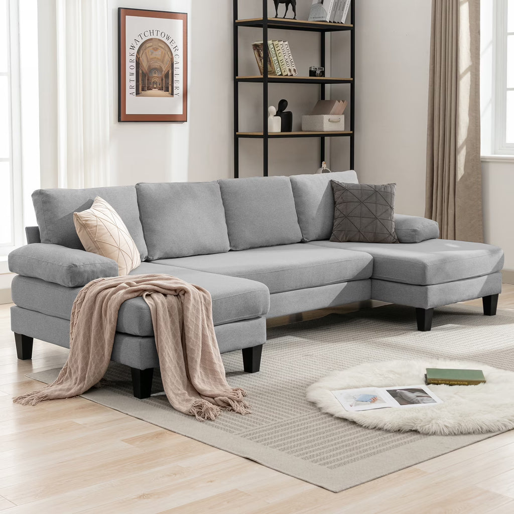 Light Gray 4 Seats Linen Fabric U-Shaped Sectional Sofa with Double Comfy Chaise D587