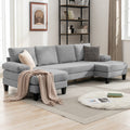 Light Gray 4 Seats Linen Fabric U-Shaped Sectional Sofa with Double Comfy Chaise D587