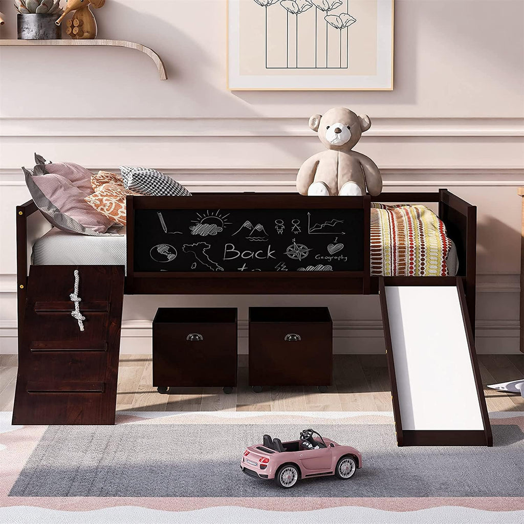 Twin Size Solid Wood Loft Bed with Slide and Storage Shelves U449