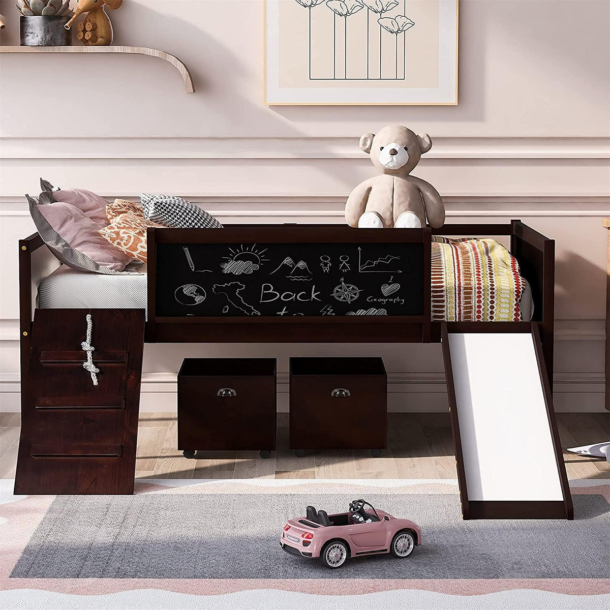 Twin Size Solid Wood Loft Bed with Slide and Storage Shelves U449