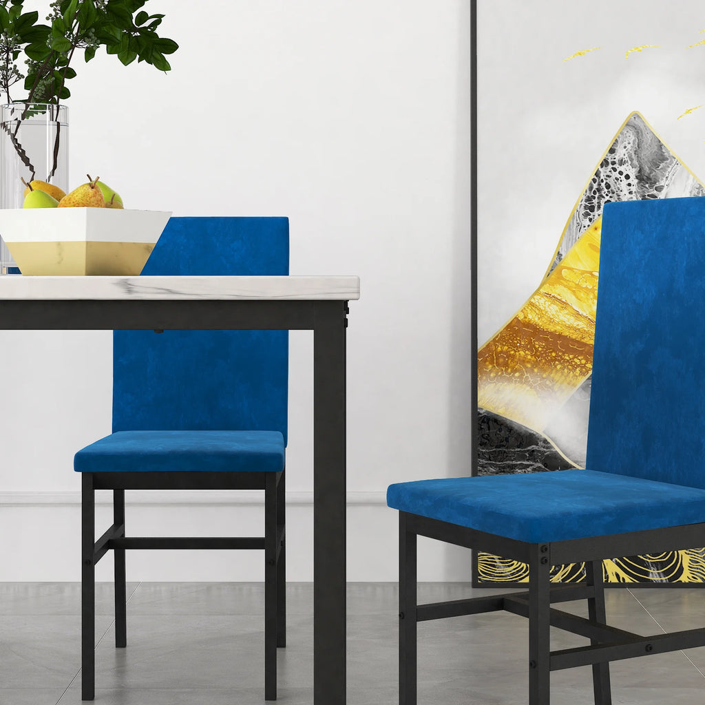 5-Piece Dining Table and Chairs Set with White Marble Top and Blue Velvet Chairs B23914
