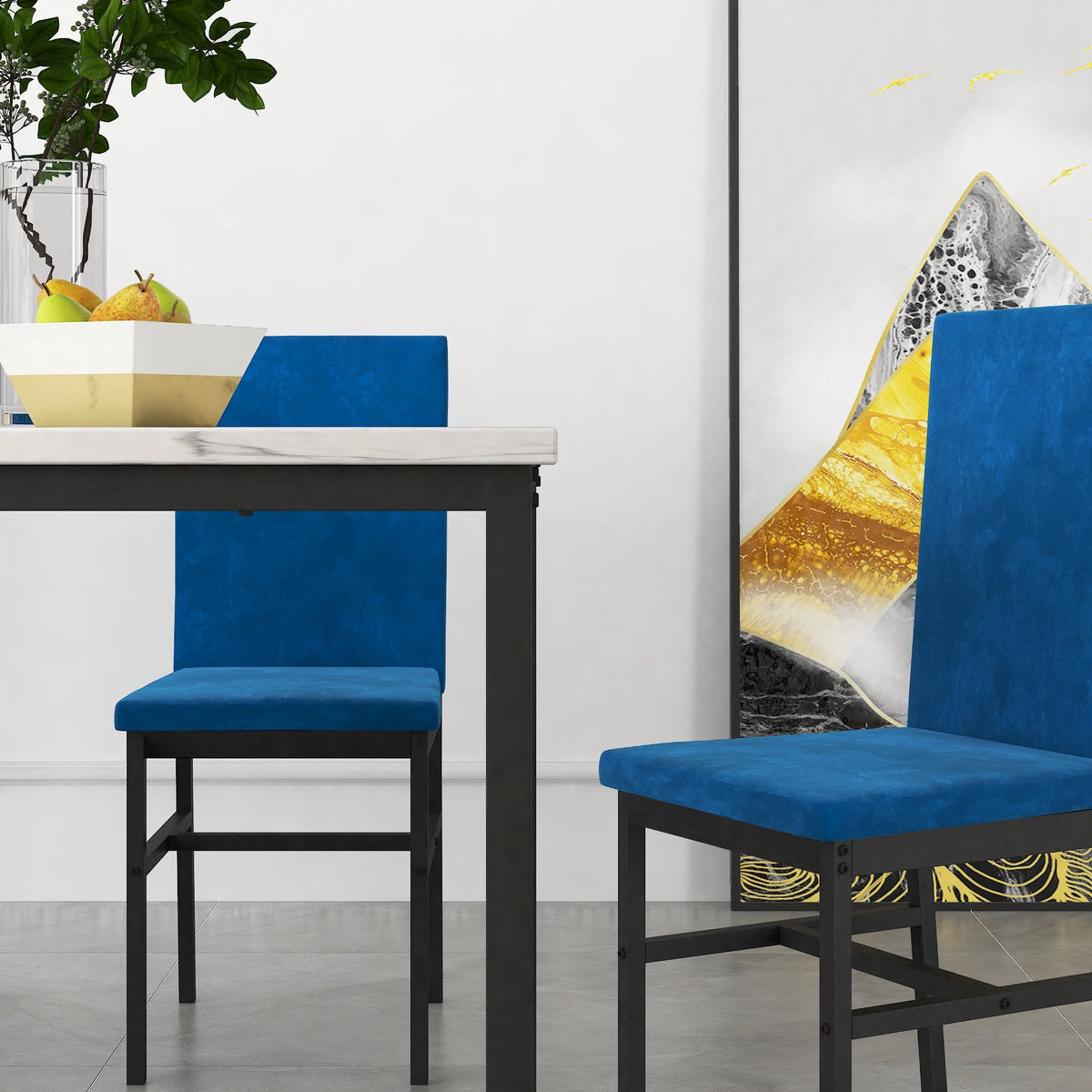 5-Piece Dining Table and Chairs Set with White Marble Top and Blue Velvet Chairs B23914