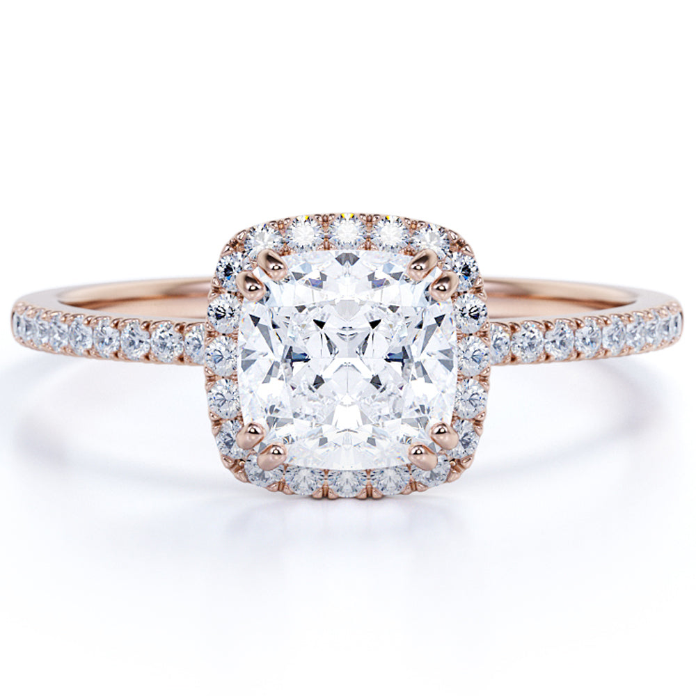 18k Rose Gold Over Silver Cushion Cut Moissanite Halo Engagement Ring U8535