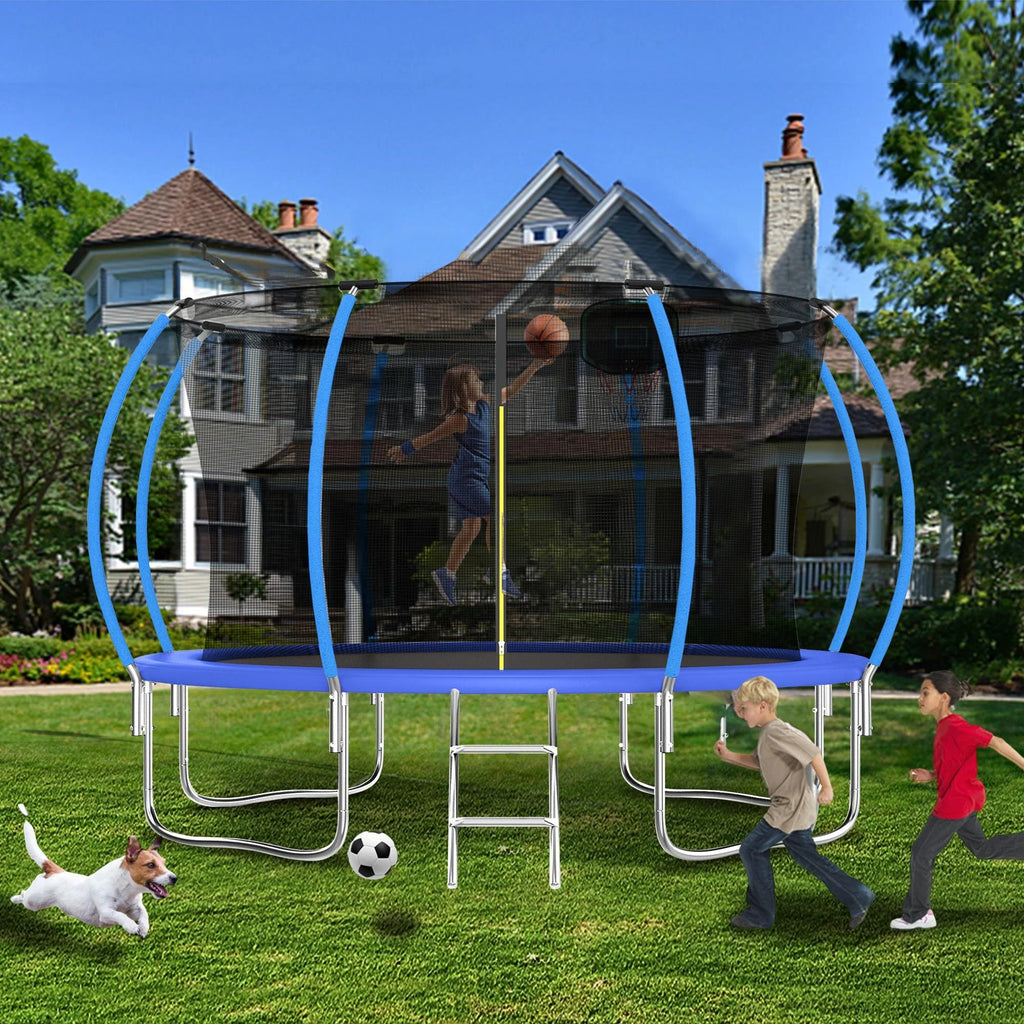 12FT Blue Outdoor Kids Trampoline with Basketball Hoop & Enclosure I710650
