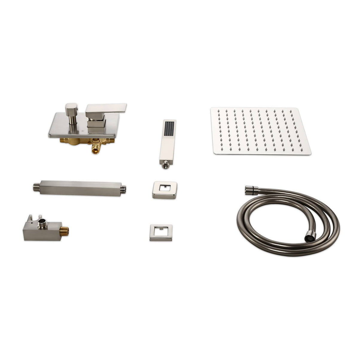 Brushed Nickel Wall Mounted Shower Set with Square Ceiling Mount Rainfall Shower Head L374188