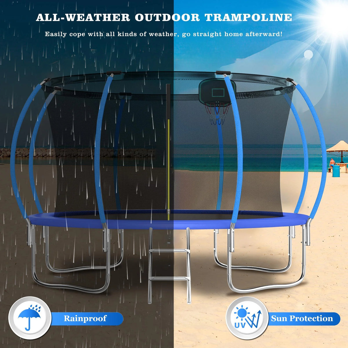 12FT Blue Outdoor Kids Trampoline with Basketball Hoop & Enclosure I710650