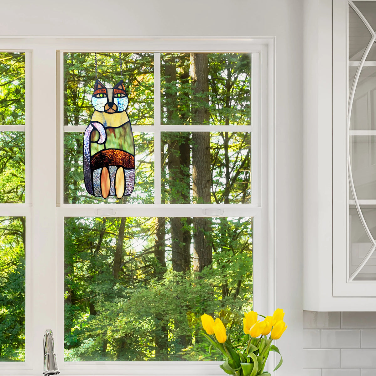 Crazy Cat Stained Glass Window Panel U954