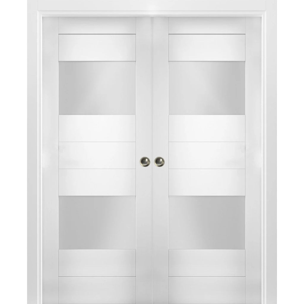 Sliding French Double Pocket Doors 36 x 96 inches Opaque Glass 2 Lites White Silk MDF Interior Doors P7504