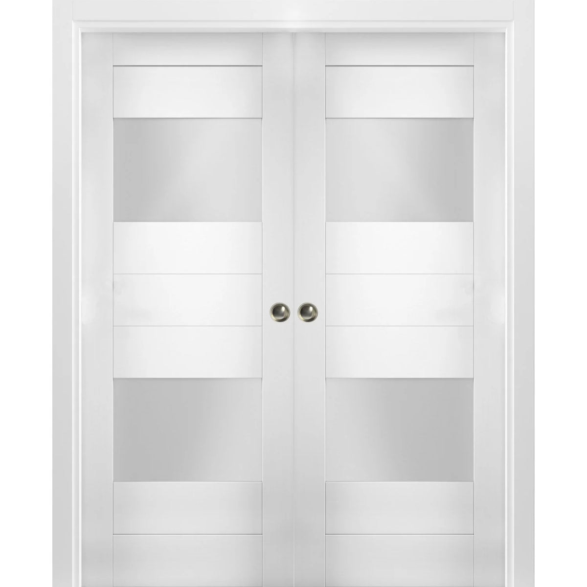 Sliding French Double Pocket Doors 36 x 96 inches Opaque Glass 2 Lites White Silk MDF Interior Doors P7504