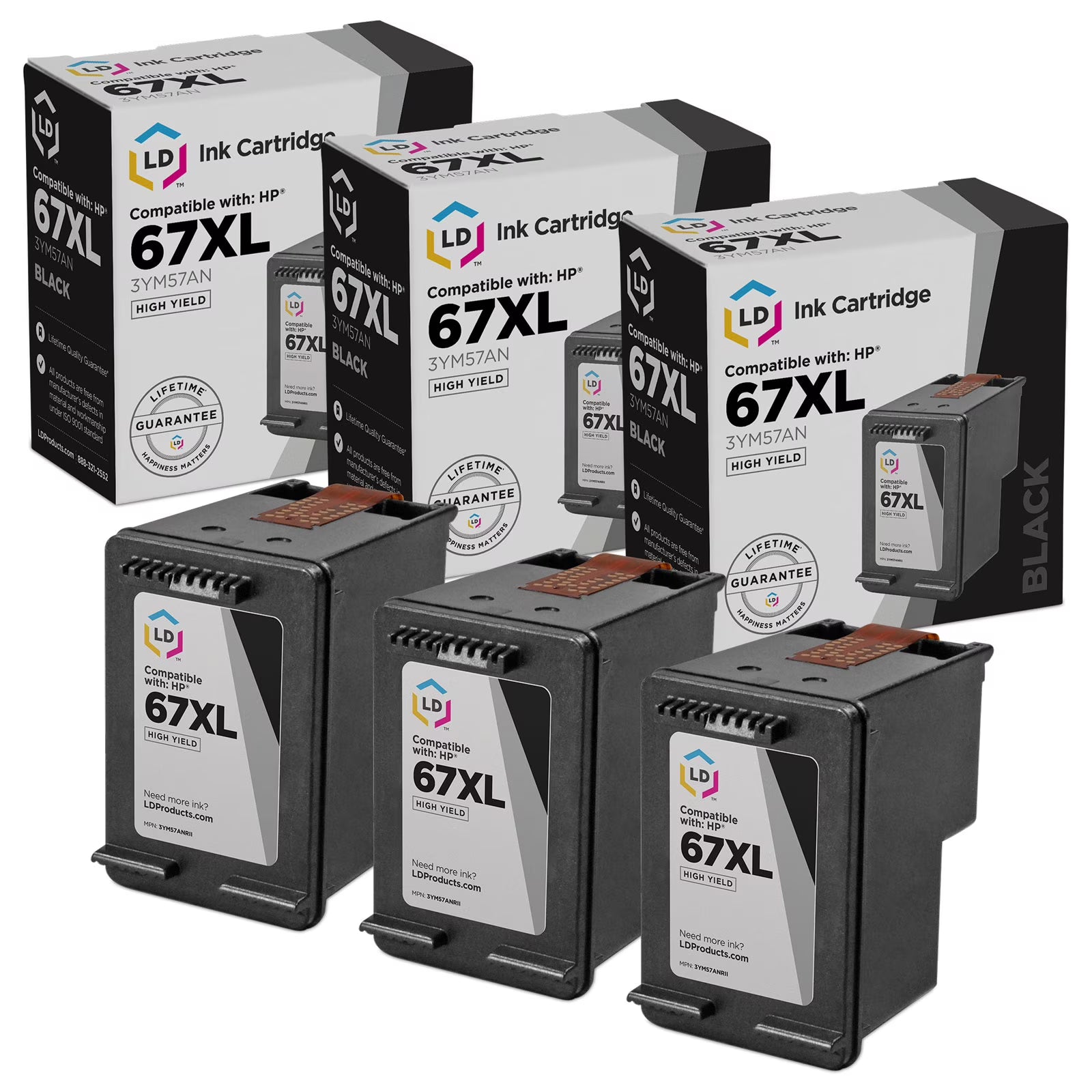 Black High Yield 3-Pack Remanufactured Replacement for HP 67XL E99931