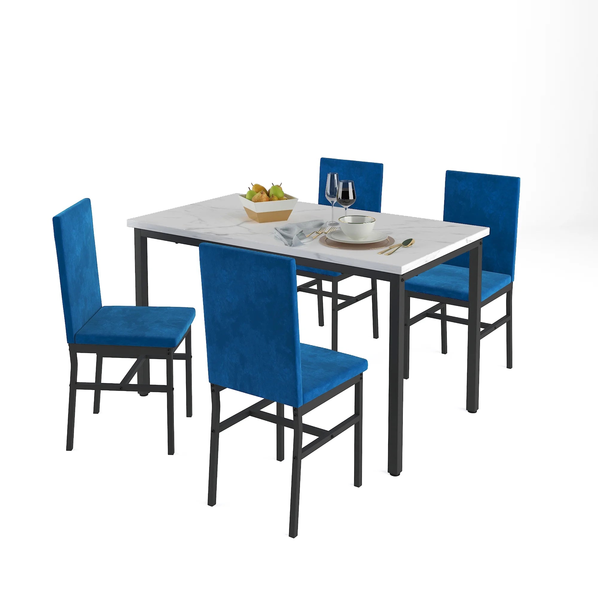 5-Piece Dining Table and Chairs Set with White Marble Top and Blue Velvet Chairs B23914