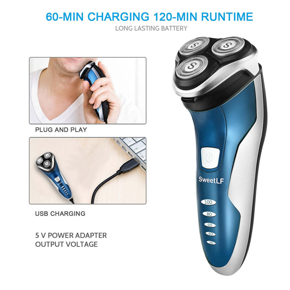Blue Pack of 2 Rechargeable Waterproof Electric Shaver O4360