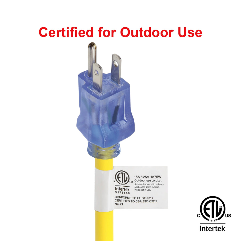 12/3 SJTW 100 ft Outdoor Extension Cord with Power Indicator Light, 3 Prong Grounded, Yellow C821594