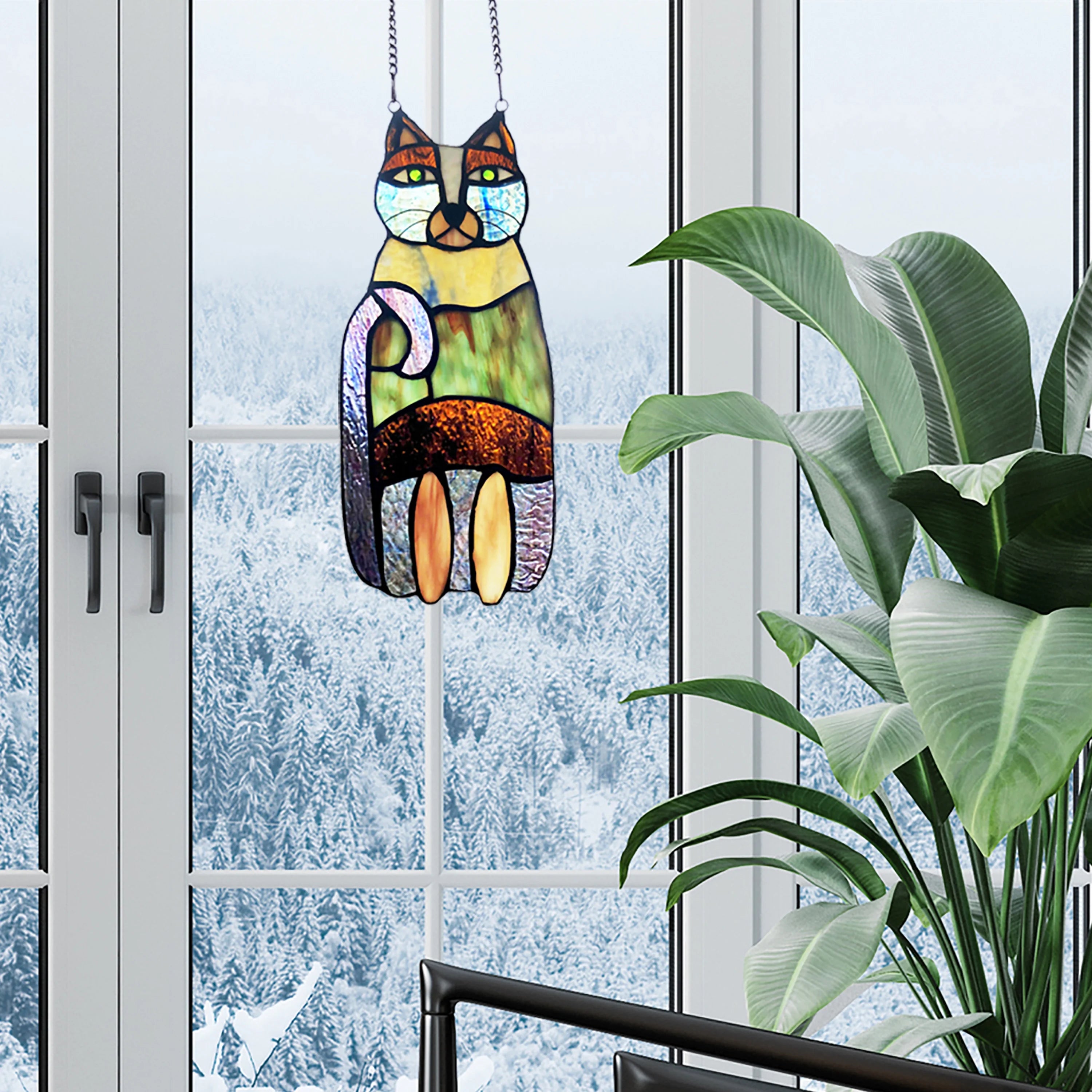Crazy Cat Stained Glass Window Panel U954