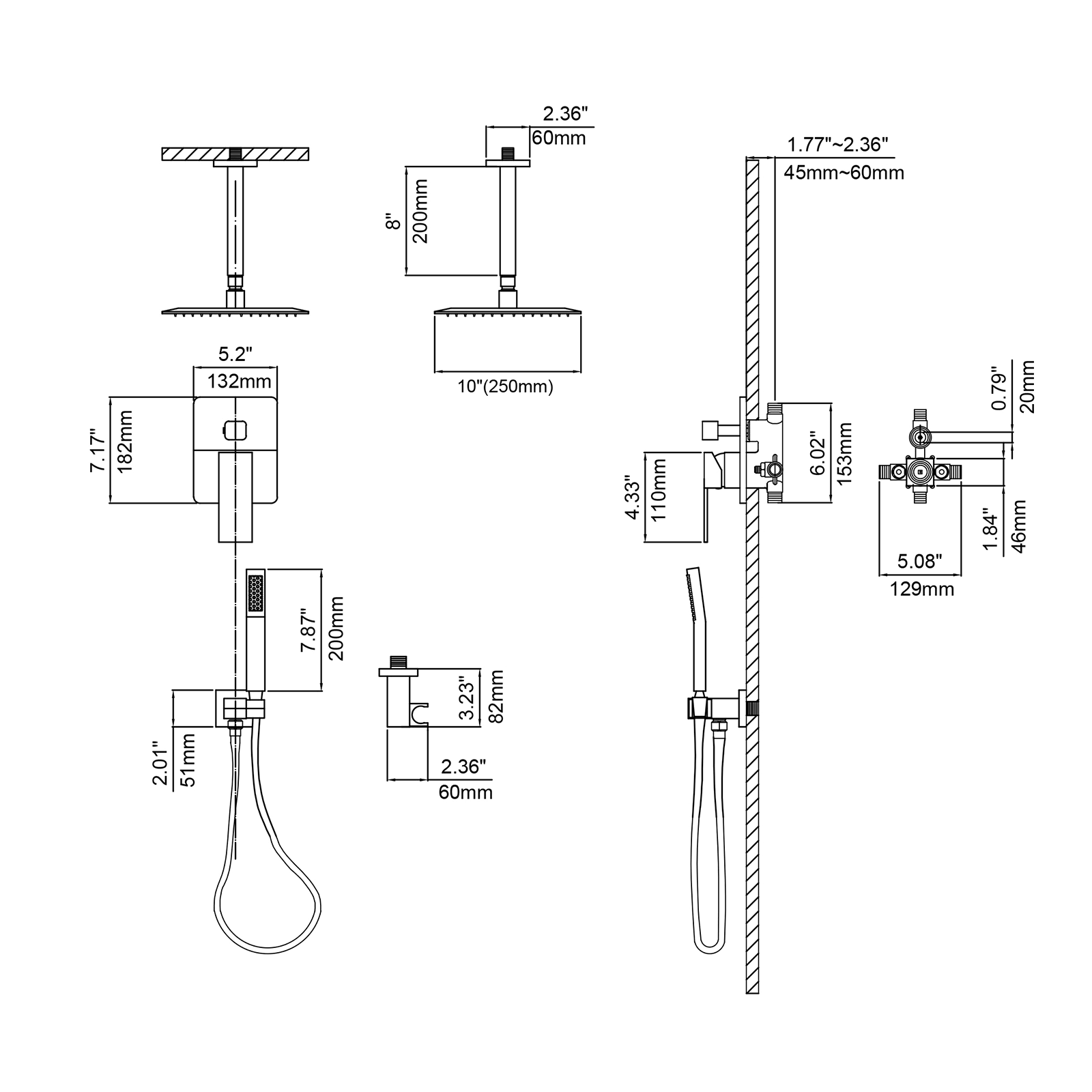 Brushed Nickel Wall Mounted Shower Set with Square Ceiling Mount Rainfall Shower Head L374188