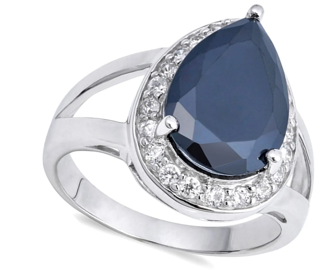 Black CZ Teardrop Halo Wedding Ring .925 Sterling Silver Band Size 9 F808