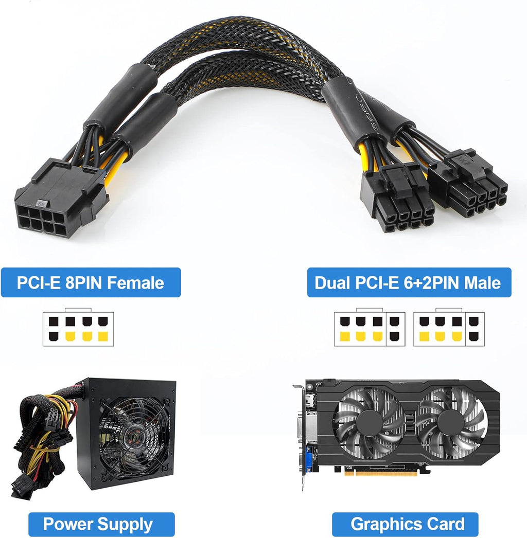 12 Pieces PCI-e Riser Express Cable Set 1X to 16X GPU Adapter Extension Cable USB 3.0 and VGA 8 Pin Female to Dual 8 Pin Male Splitter Braided Sleeved Cable Powered Riser Adapter Card Pack of 2 D95359