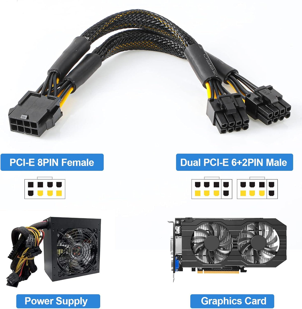 12 Pieces PCI-e Riser Express Cable Set 1X to 16X GPU Adapter Extension Cable USB 3.0 and VGA 8 Pin Female to Dual 8 Pin Male Splitter Braided Sleeved Cable Powered Riser Adapter Card Pack of 2 D95359