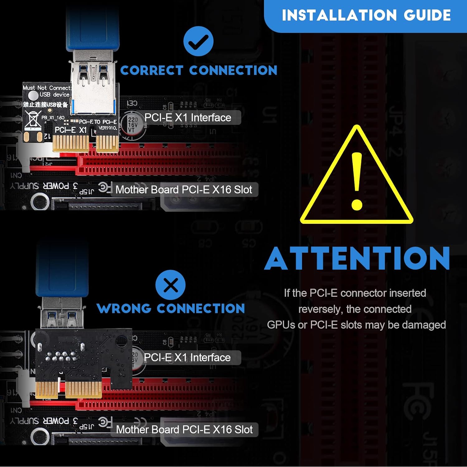 12 Pieces PCI-e Riser Express Cable Set 1X to 16X GPU Adapter Extension Cable USB 3.0 and VGA 8 Pin Female to Dual 8 Pin Male Splitter Braided Sleeved Cable Powered Riser Adapter Card Pack of 2 D95359