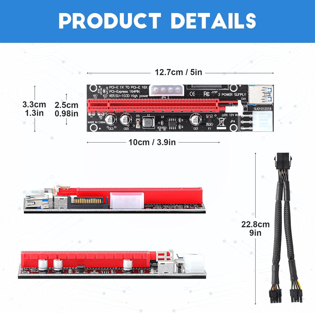 12 Pieces PCI-e Riser Express Cable Set 1X to 16X GPU Adapter Extension Cable USB 3.0 and VGA 8 Pin Female to Dual 8 Pin Male Splitter Braided Sleeved Cable Powered Riser Adapter Card Pack of 2 D95359