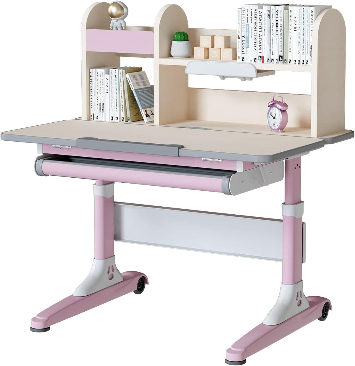 Pink Height Adjustable Kids Study Desk and Chair Set with Drawer and Bookshelf B733489