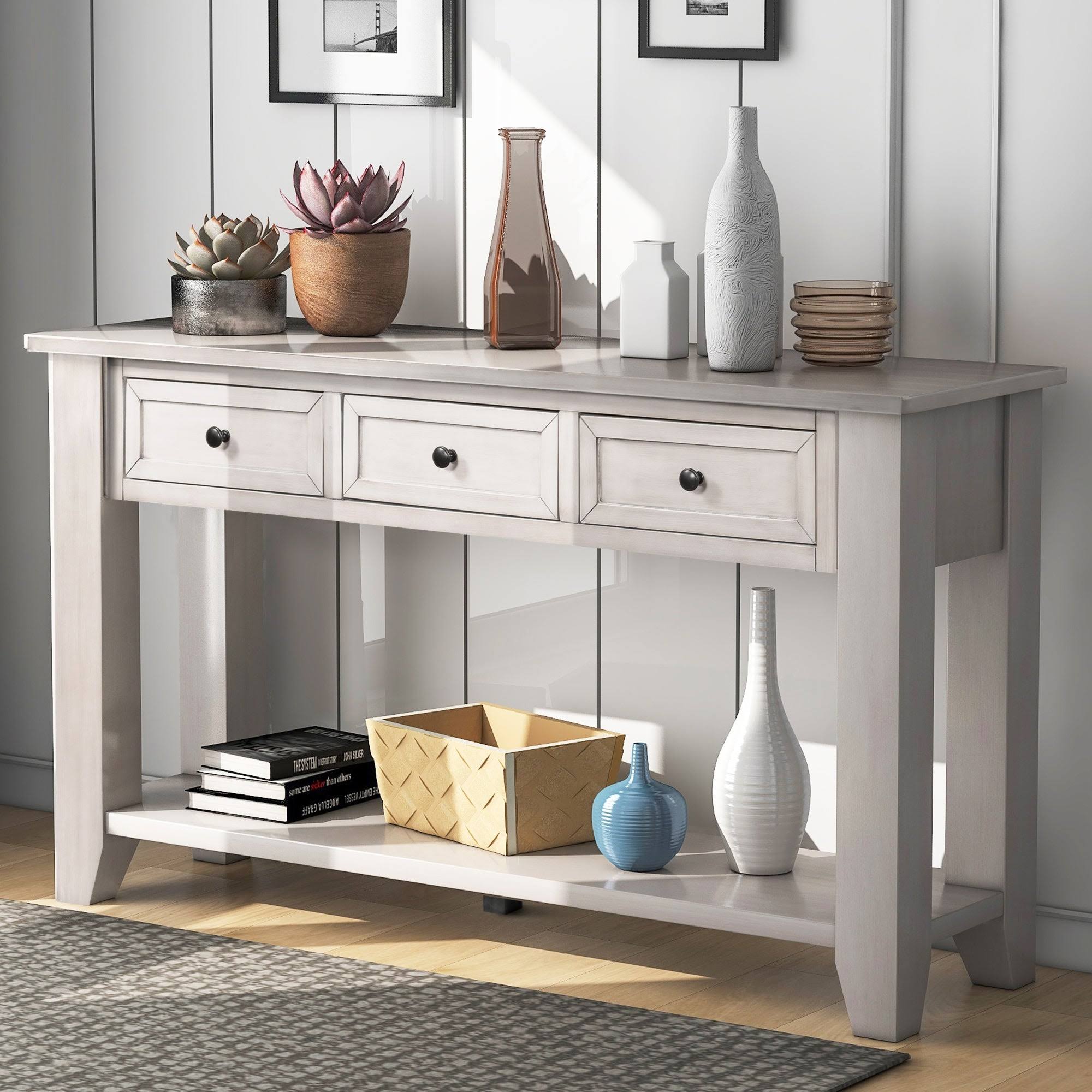 White 3 Drawer Console Table with Shelf Q987