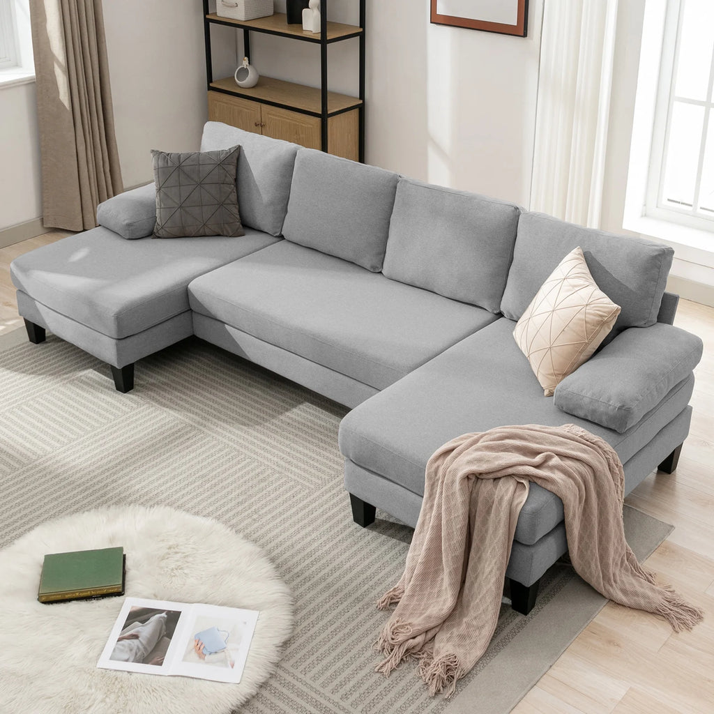 Light Gray 4 Seats Linen Fabric U-Shaped Sectional Sofa with Double Comfy Chaise D587