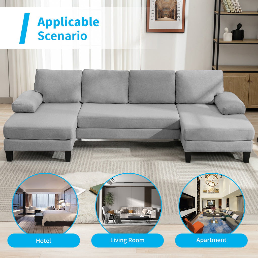 Light Gray 4 Seats Linen Fabric U-Shaped Sectional Sofa with Double Comfy Chaise D587