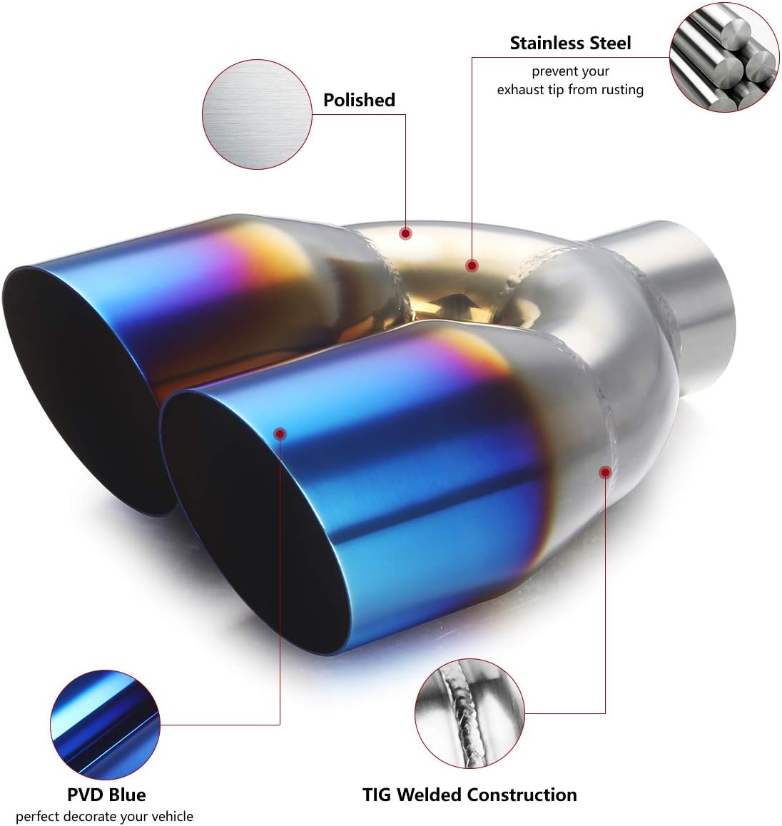 2.25 inch Inlet 3.5 inch Outlet Stainless Steel Angle Cut 2-Packs PVD Blue Exhaust Tip W8601