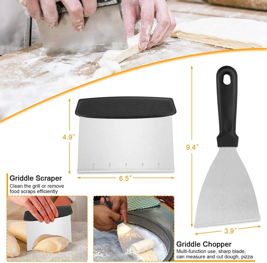 Griddle Tool Set Flat Top Grill Accessories Kit with 304 Melting Dome Lid, Spatulas, Scraper, Egg Rings, Burger Press Carrying Bag & Squirt Bottles Y346