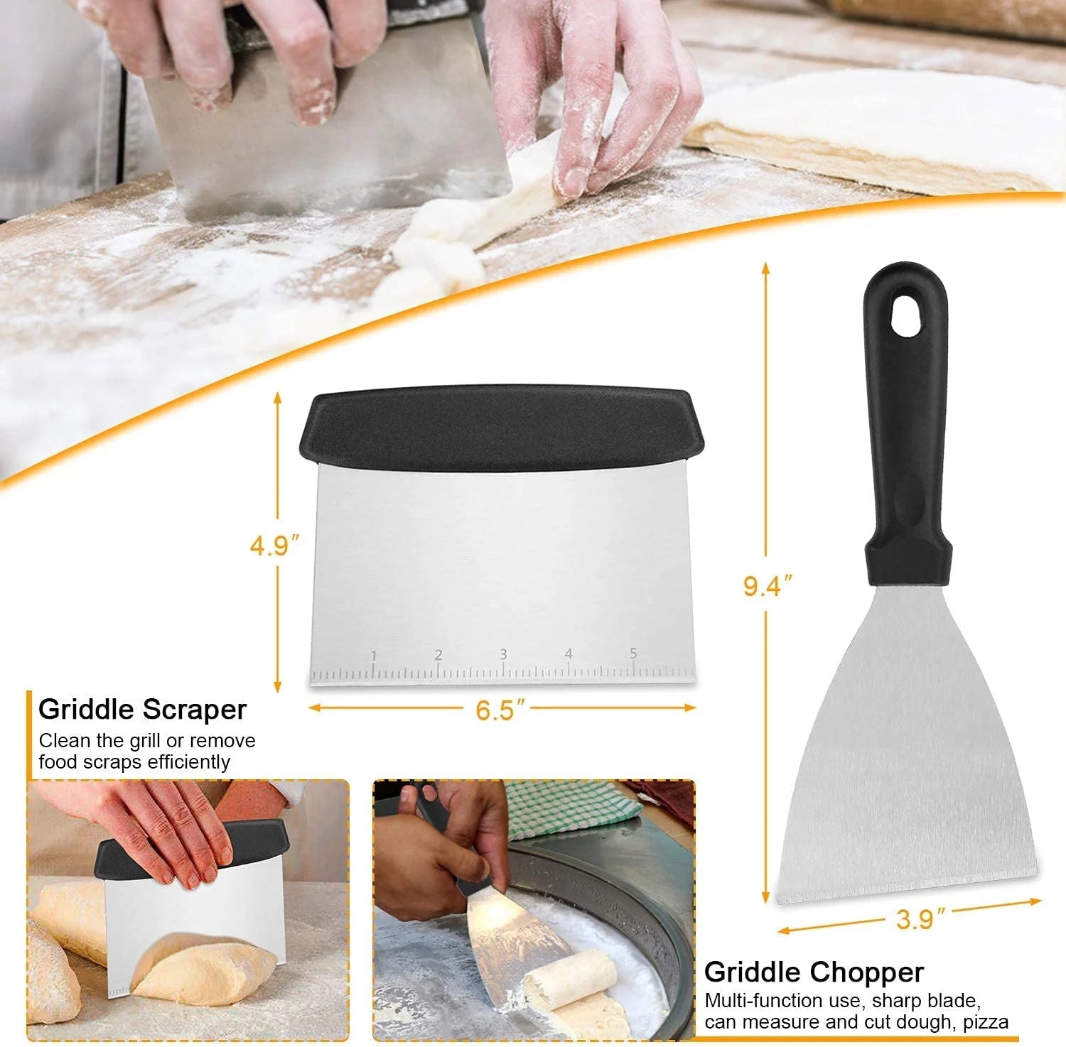 Griddle Tool Set Flat Top Grill Accessories Kit with 304 Melting Dome Lid, Spatulas, Scraper, Egg Rings, Burger Press Carrying Bag & Squirt Bottles Y346