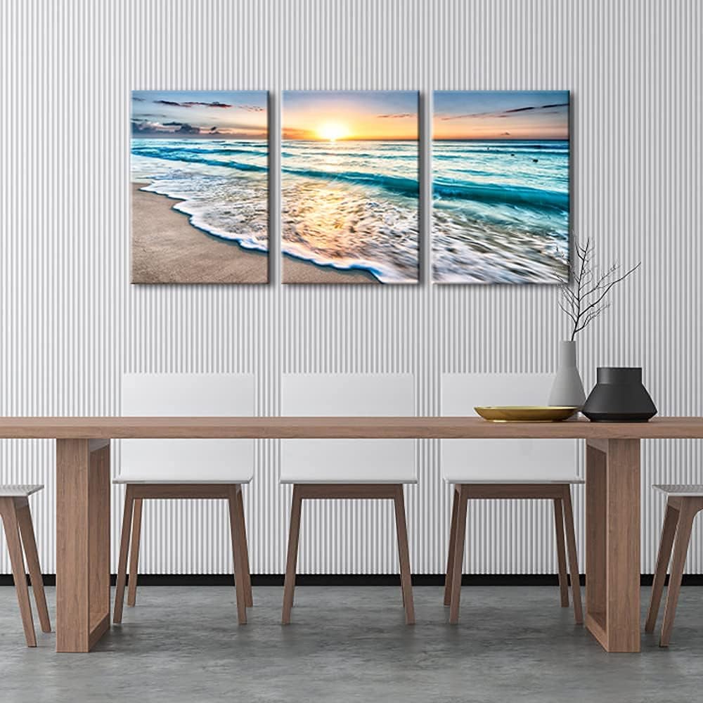 3 Panels Blue Beach Sunrise White Wave Canvas Wall Art S784
